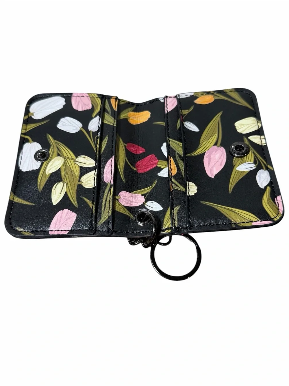 Steve Madden Black Floral Key & Card Holder with Pink and White Tulips